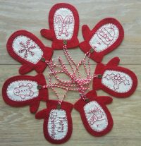 Christmas mitten gift tag Redwork Pattern or kit with embellishments - Digital